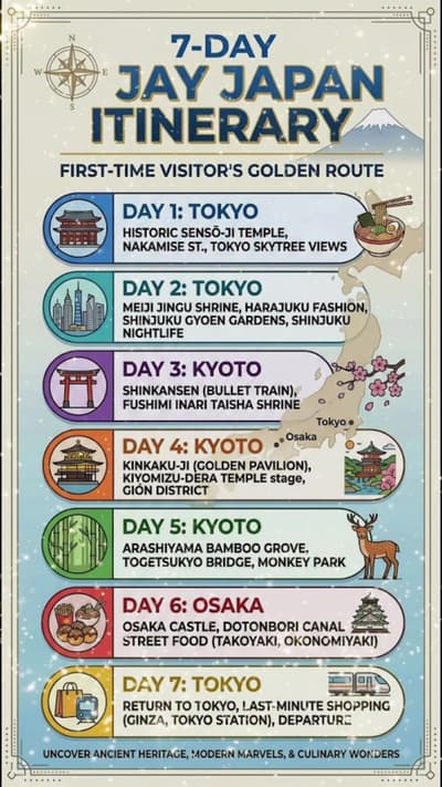 Embark on the ultimate 7-day journey through Japan! 🇯🇵✨ From the glowing neon streets of Tokyo to 