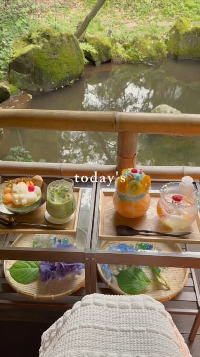 . ずっと気になってたかき氷屋さんへ🍧‎🤍 縁側の席で緑沢山見ながら食べるかき氷素敵すぎた🎐🩵 真夏にまた行きたい🍉 ⁡ #果寿庵涼ノ庭 #福島かき氷
