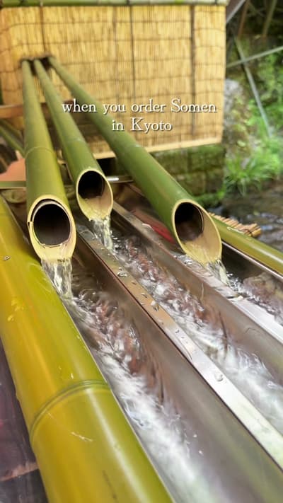 Nagashi somen by a waterfall in Kibune, Kyoto 🌿💧 Hirobun is an iconic summer experience: you eat f