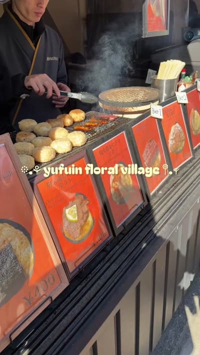 the cutest street of food stalls & characters less than 5 min from yufuin station 🪷 📍 yufuin flora