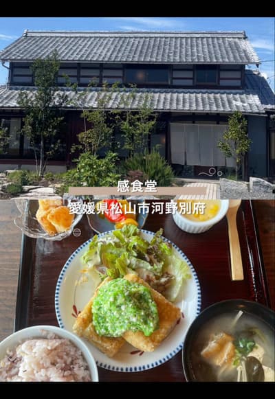 【🍊EHIME / MATSUYAMA🍊】 ☕️感食堂 📍〒799-2436 愛媛県松山市河野別府５１９ ▫️週替わりランチ 揚げ出し豆腐 オクラソース 初めての訪問。感食堂さんへ。 週替わりラ