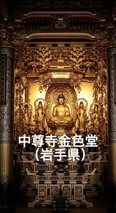 中尊寺金色堂 岩手県平泉の「中尊寺金色堂」。 1124年に建てられ、堂内のすべてが金色に輝く、まさに平安時代の美の結晶です。 華やかな装飾には、平和への願いが込められており、世界遺産として今も大切に守